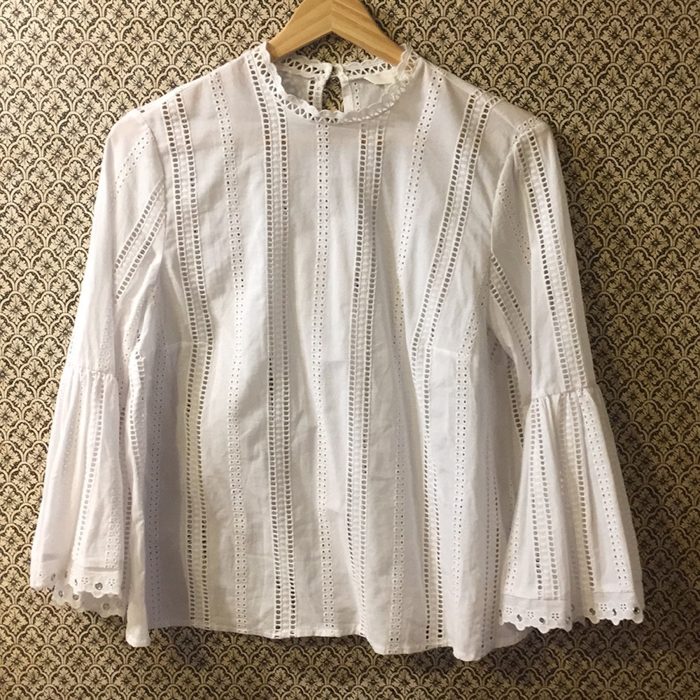 H&M White Crochet Blouse with Grommet Bell Sleeves